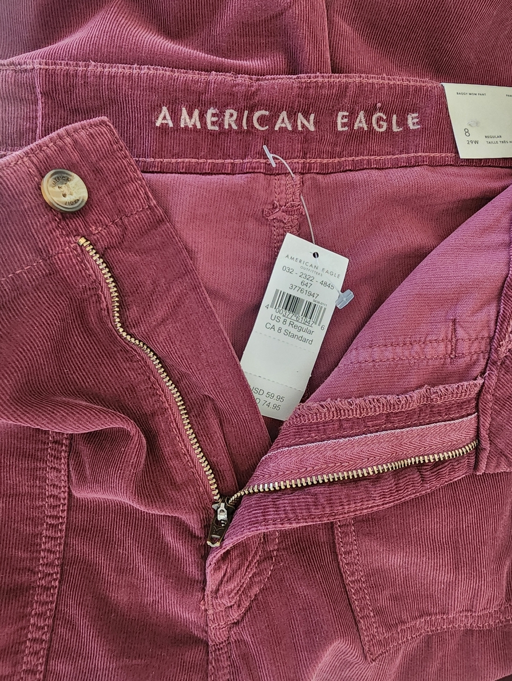 American Eagle Baggy Mom Corduroy Pant NWT High Rise Burgundy Size 8 - Picture 8 of 11